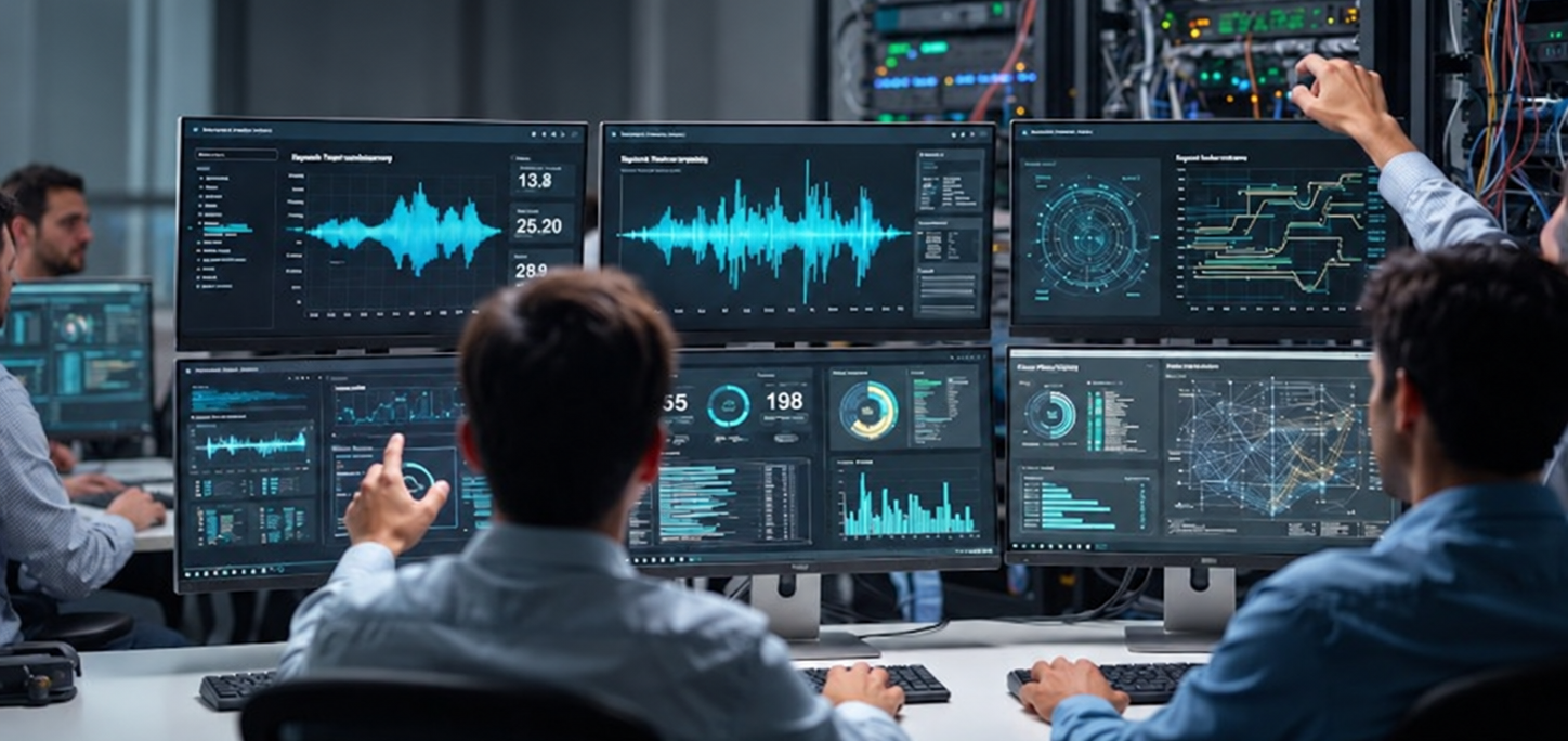 Team reviewing audio waveforms and analysis on multiple monitors